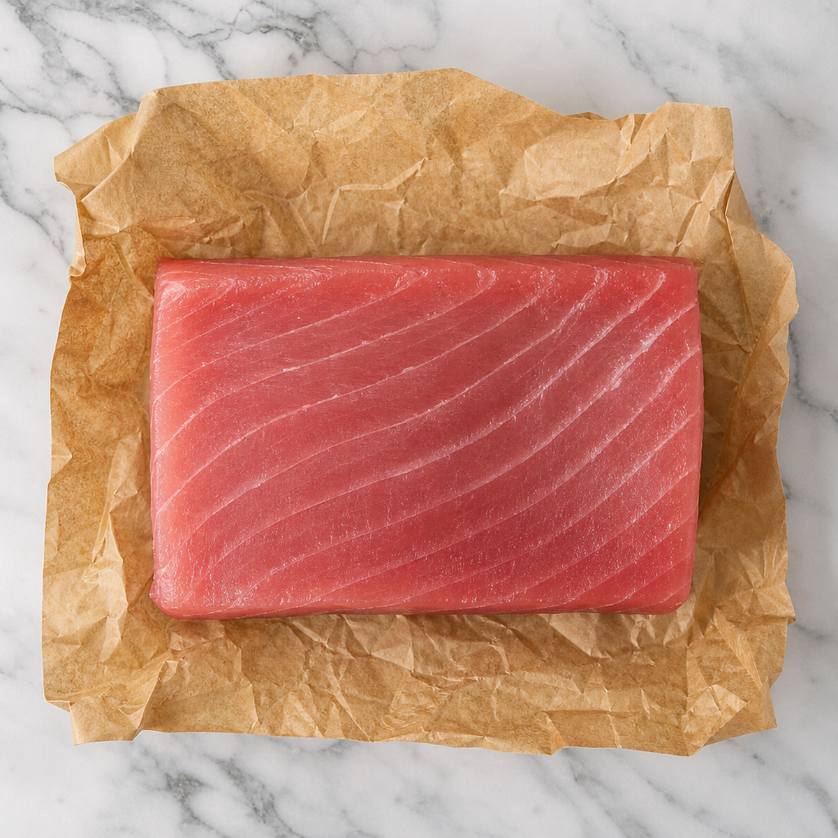 Strak gesneden tonijn saku blok op papier, geschikt voor sushi, sashimi of kort schroeien