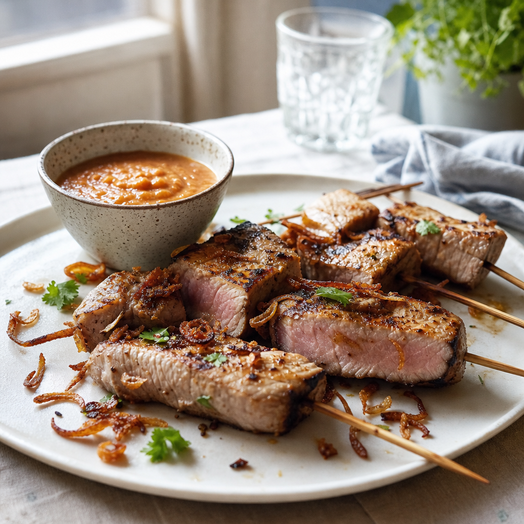 Gegrilde tonijnspiesjes met rosé kern, geserveerd met saus en gebakken ui op een bord