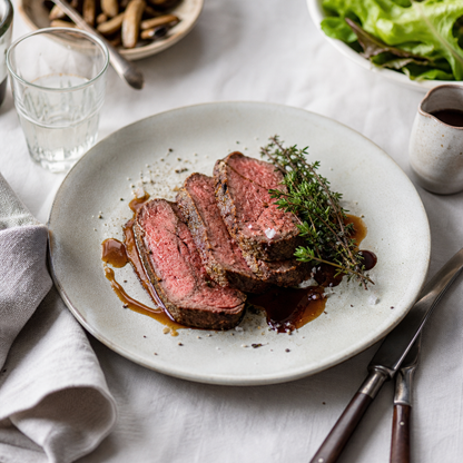 Rosé gebakken tournedos in plakken op een bord, met saus en tijm