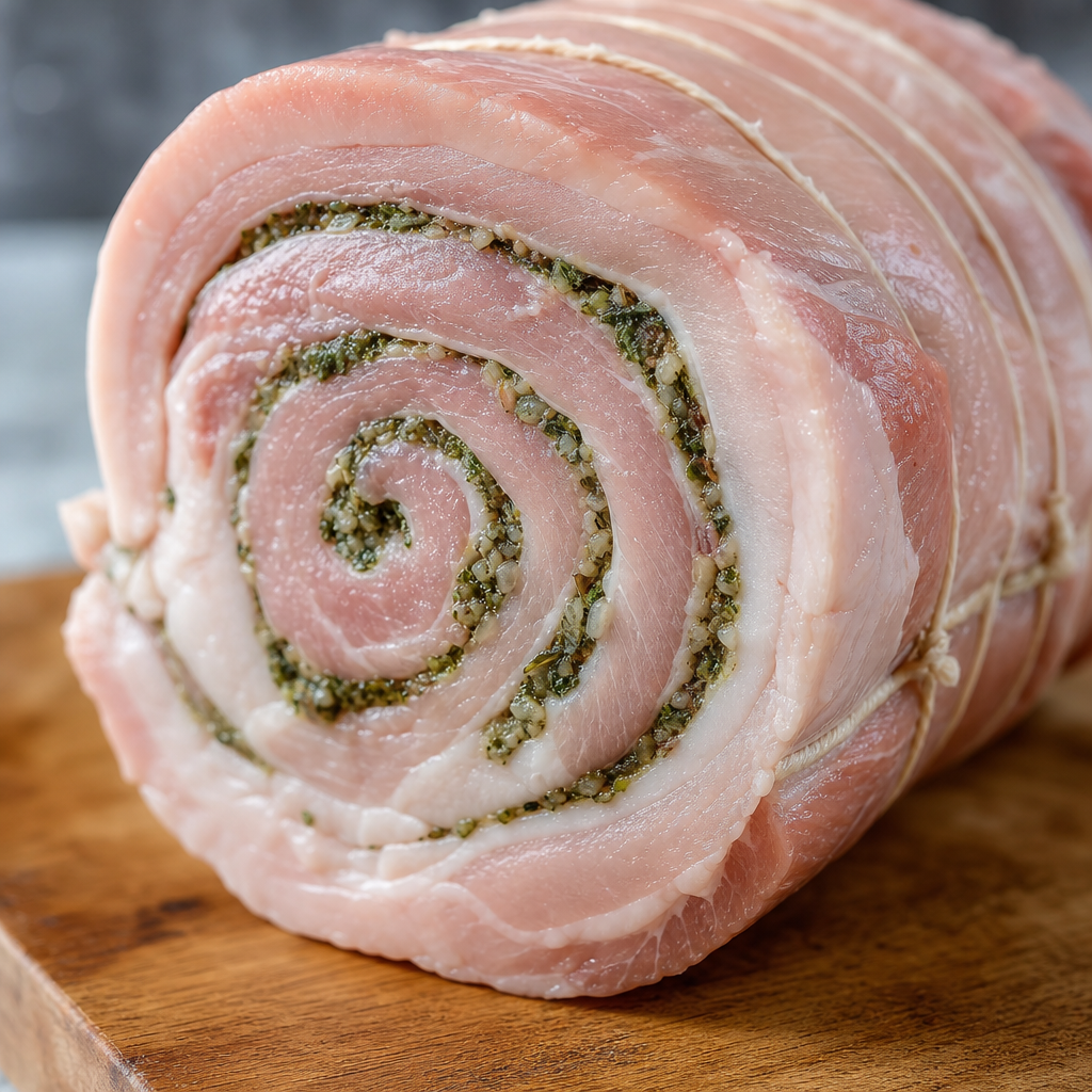Rauwe varkensfilet rollade in spiraal op een houten plank, met kruidenvulling