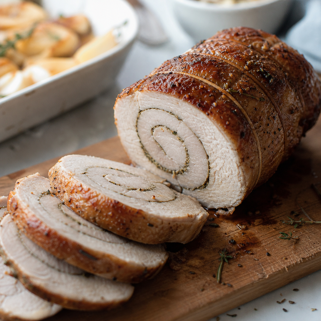 Geroosterde varkensfilet rollade in plakken op een snijplank, met kruidenkorst
