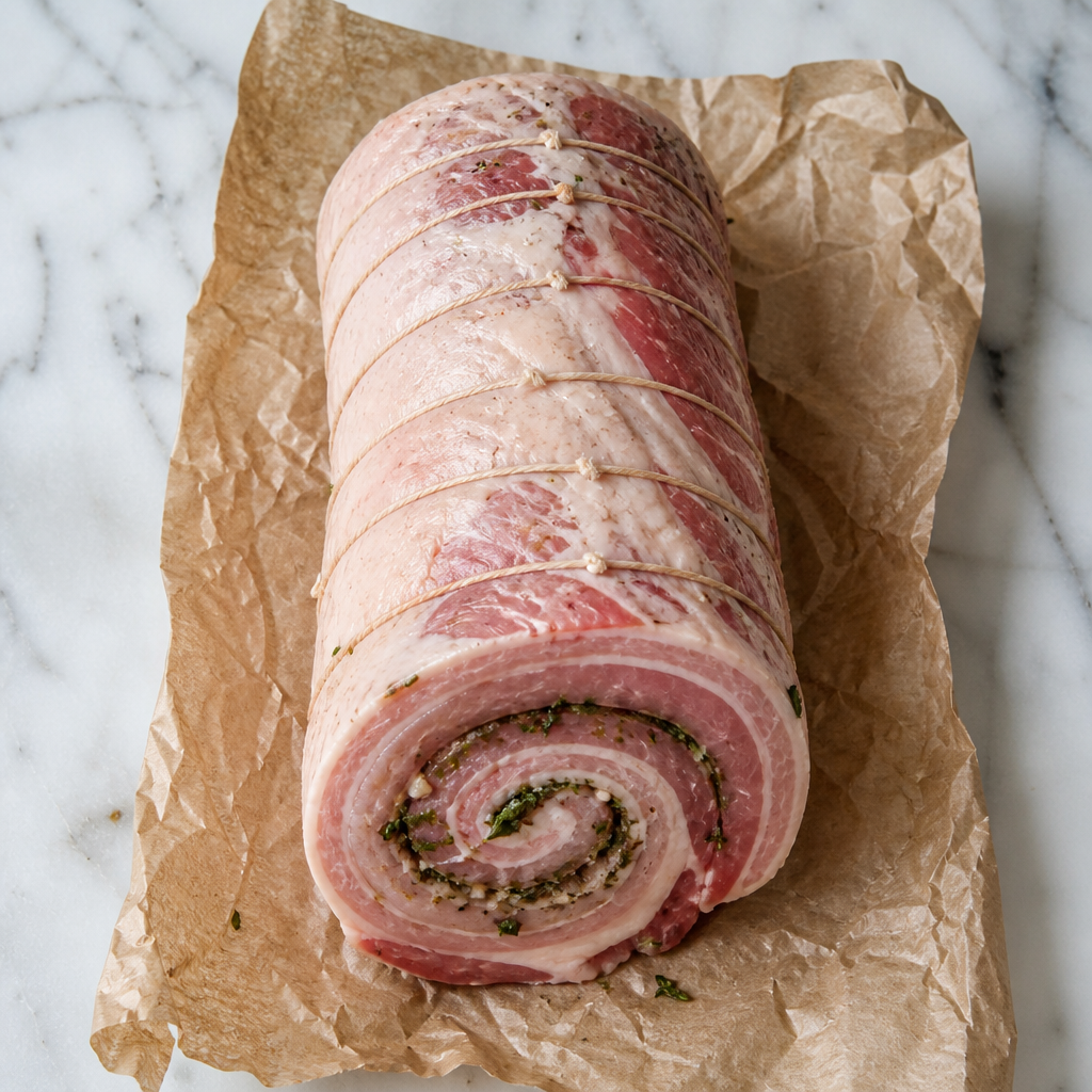 Rauwe varkensfilet rollade met bindtouw, op bakpapier