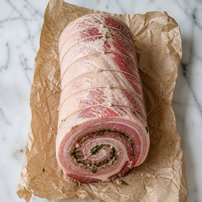 Rauwe varkensfilet rollade met bindtouw, op bakpapier