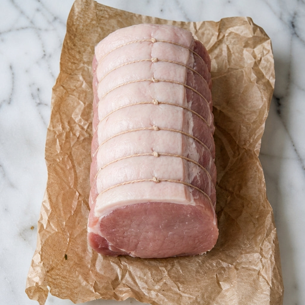 Rauwe varkensfilet rollade met bindtouw, op bakpapier