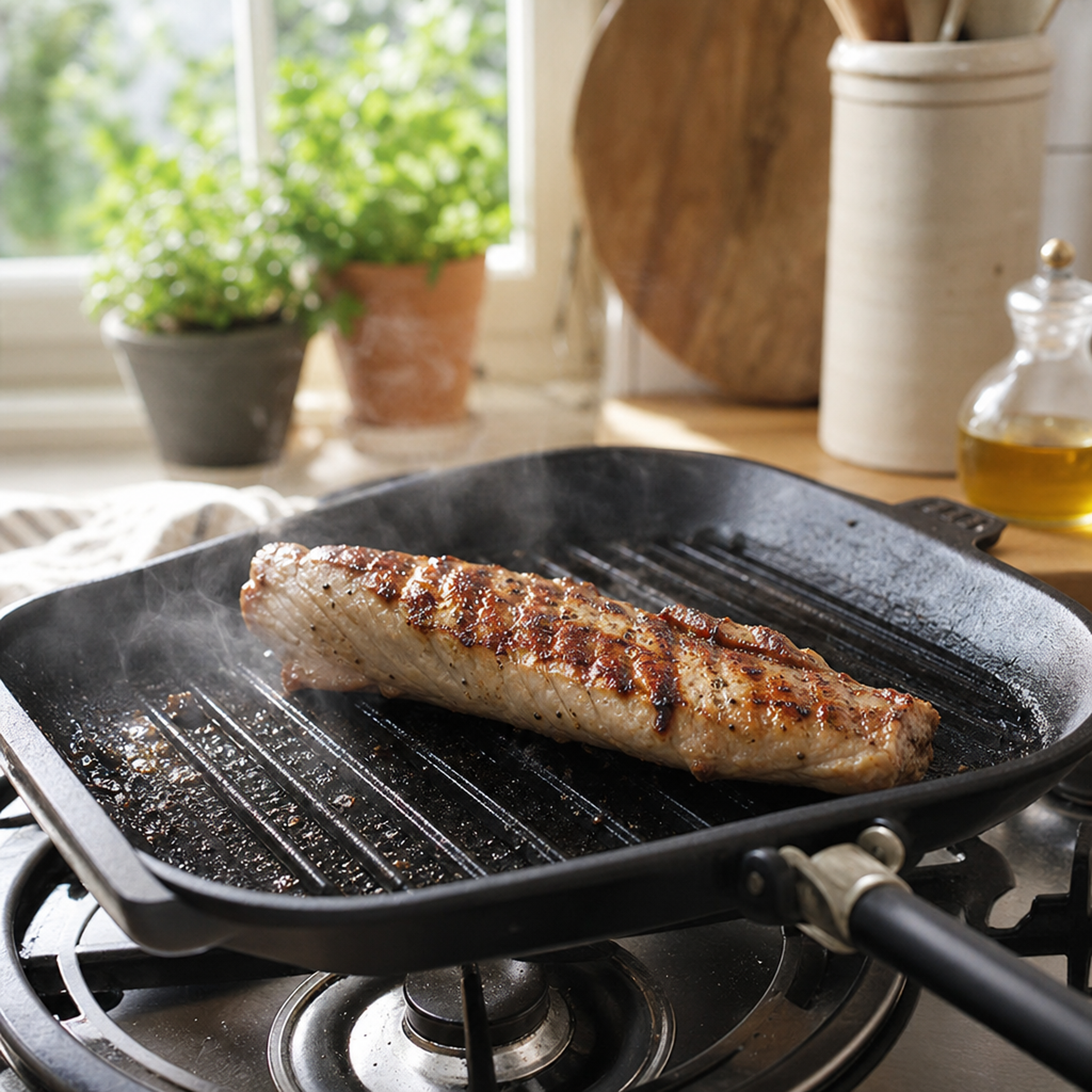 Gegrilde varkenshaas in grillpan op het fornuis, met bruine korst en stoom