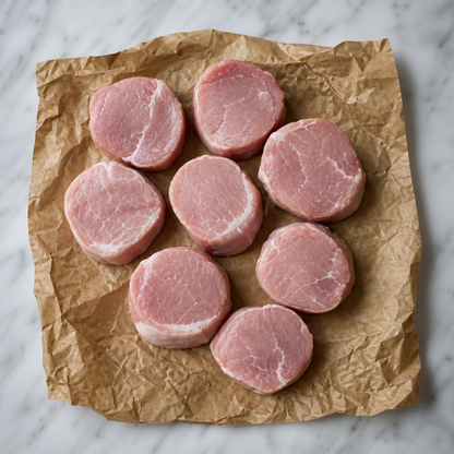 Zeven rauwe varkensmedaillons op bruin bakpapier