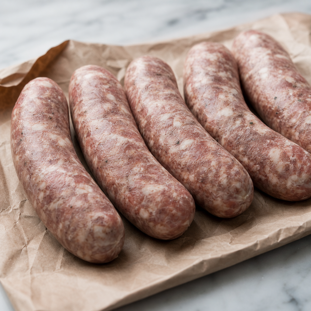 Vier rauwe varkenssaucijzen op bruin papier, close-up van de verpakking