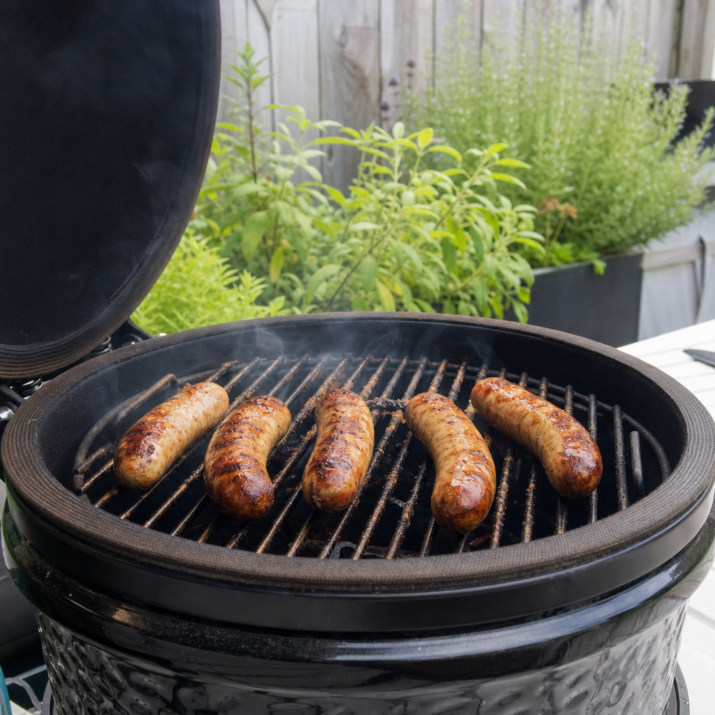 Vijf varkenssaucijzen op de barbecue, licht gebruind en grillend boven het rooster
