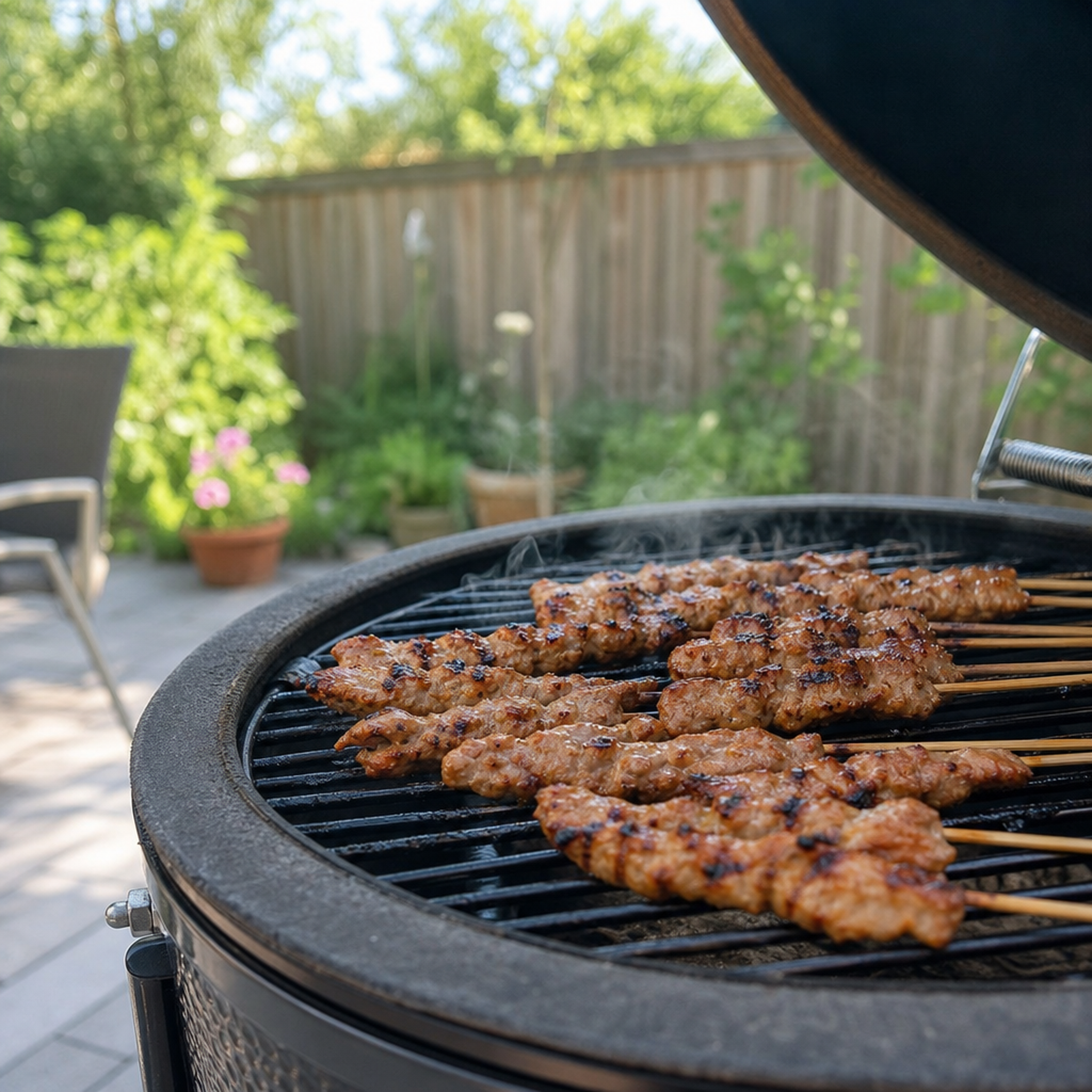 Gegrilde varkenshaas satéspiesjes naturel op de BBQ, met licht gekleurde grillstrepen