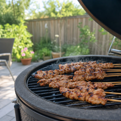 Gegrilde varkenshaas satéspiesjes naturel op de BBQ, met licht gekleurde grillstrepen
