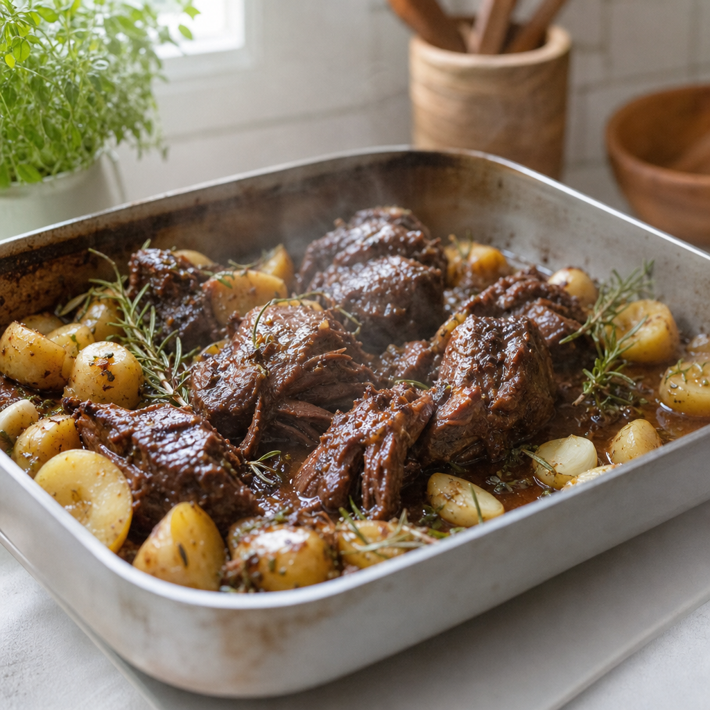 Gestoofde varkenswangen met aardappeltjes in ovenschaal, van bovenaf