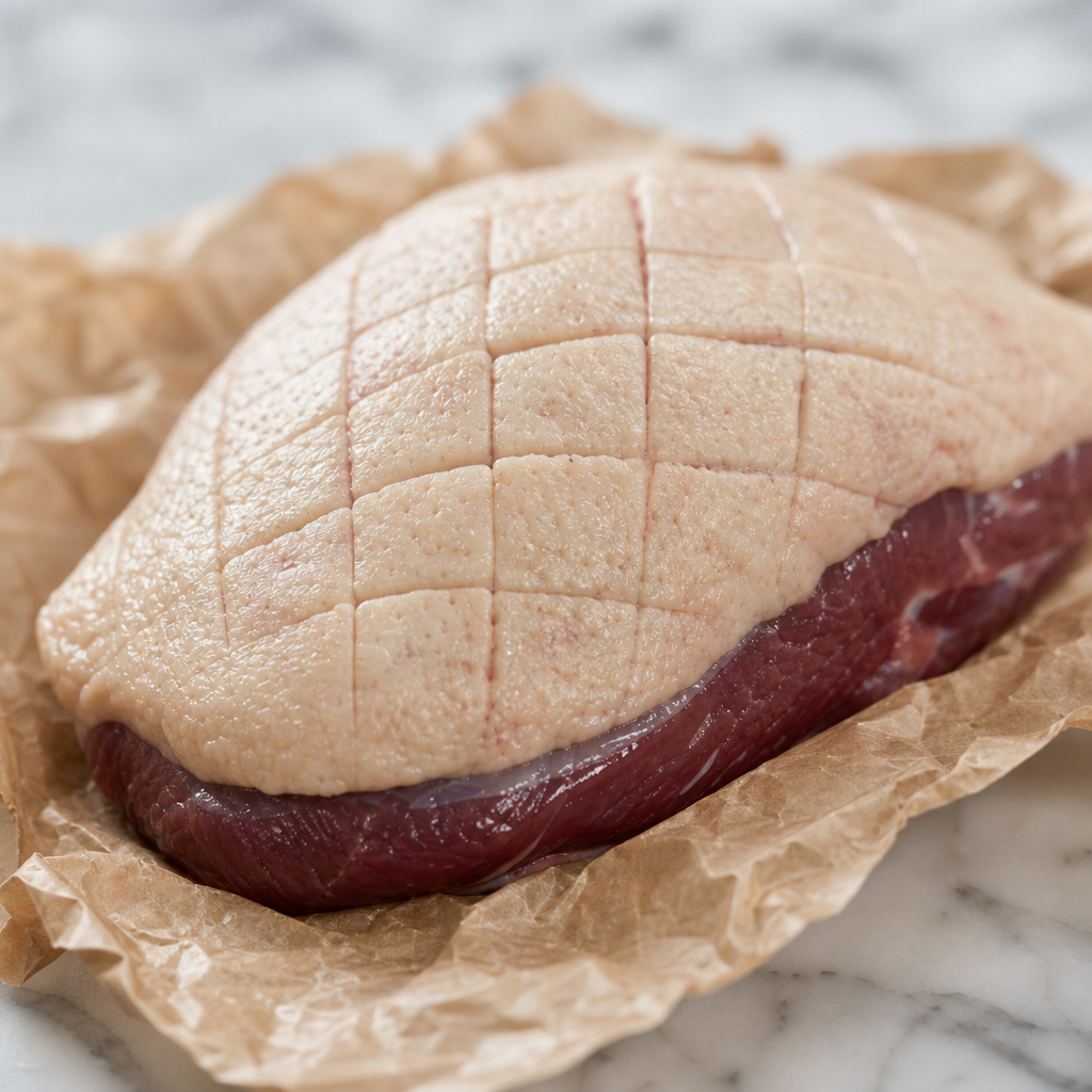 Rauwe eendenborst canette met ingesneden huid op bakpapier