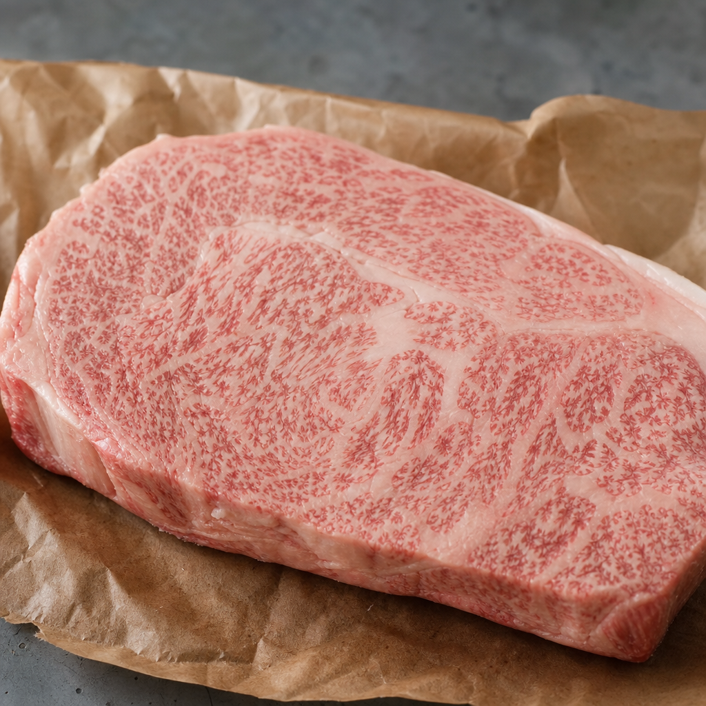 Wagyu entrecote A5 BMS12 met fijne marmering op bruin papier