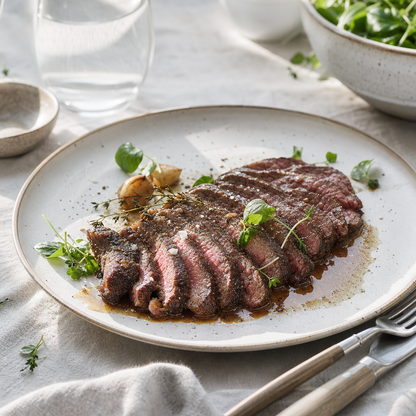 Gesneden Wagyu entrecote A5 BMS12 op bord met aardappels en groene kruiden