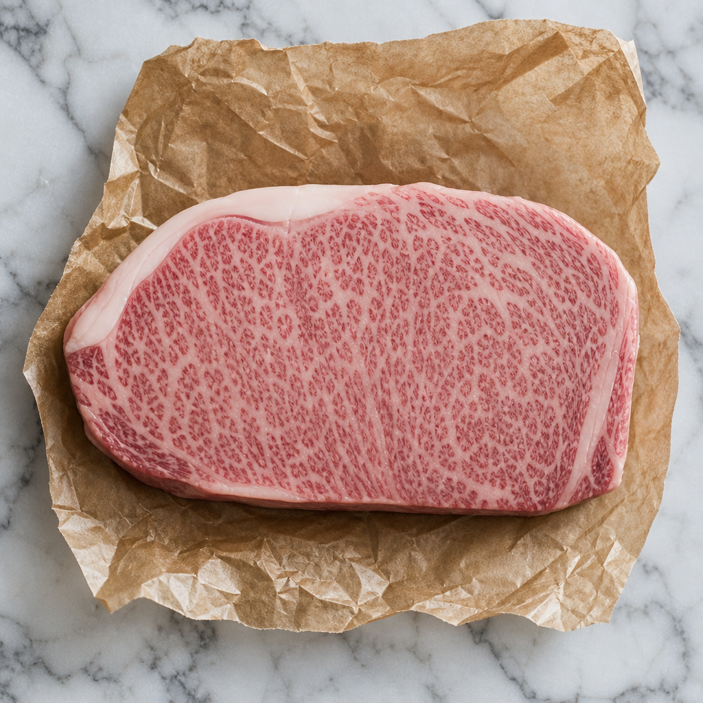 Wagyu entrecote A5 BMS12 met sterke vetdooradering op bruin papier
