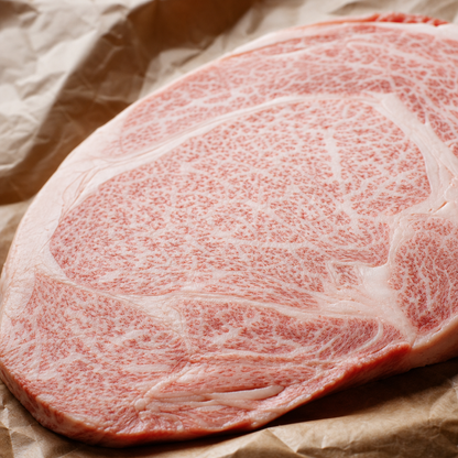 Rauwe Wagyu rib-eye met marmering en dikke vetdooradering op bakpapier
