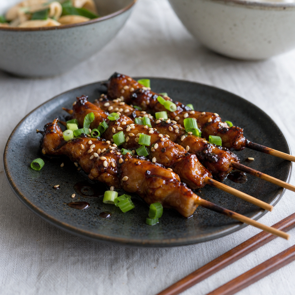 Vier gekaramelliseerde yakitori kipspiesjes met sesam en bosui op een donker bord