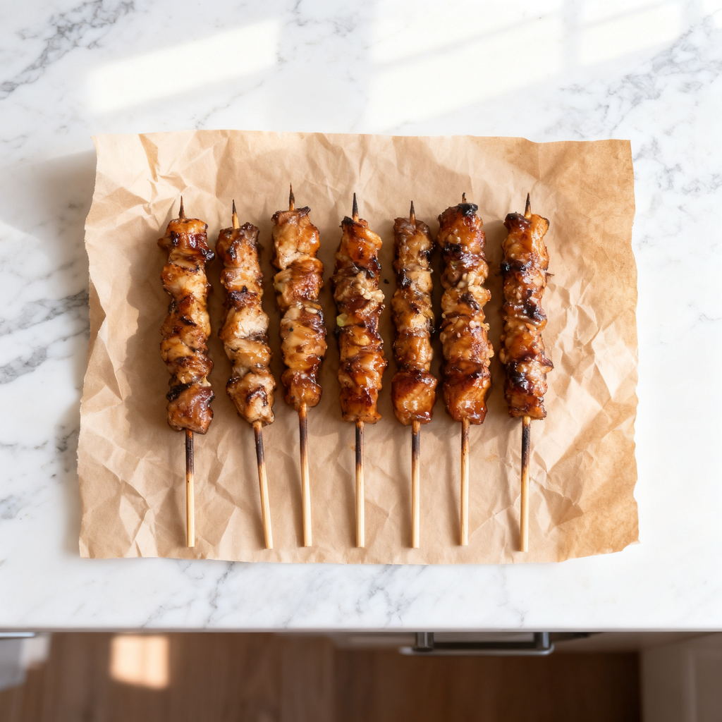 Gegrilde yakitori kipspiesjes met glanzende marinade op bakpapier