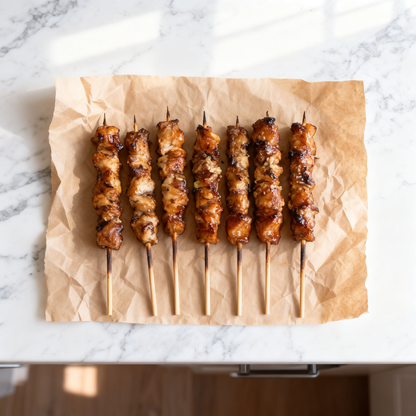 Gegrilde yakitori kipspiesjes met glanzende marinade op bakpapier