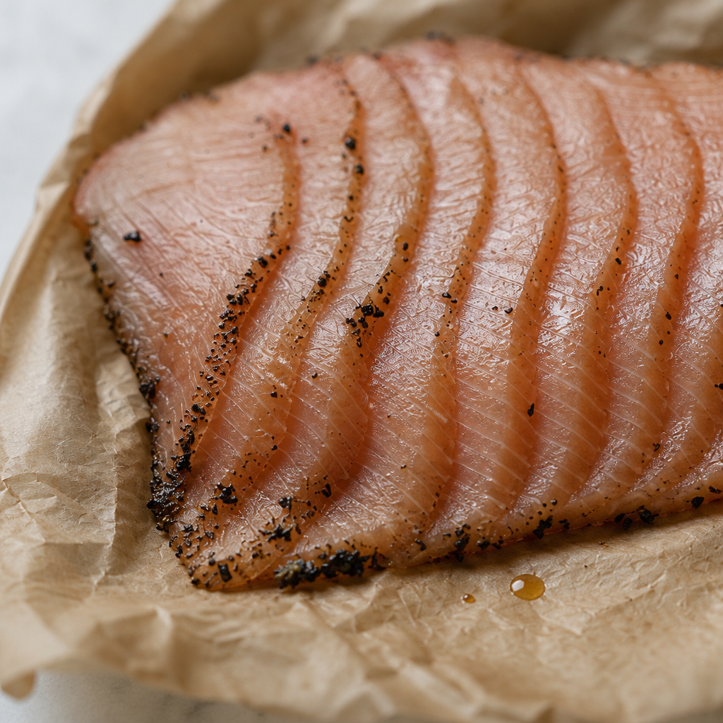 Plakjes gerookte zalm als heel stuk op bruin papier