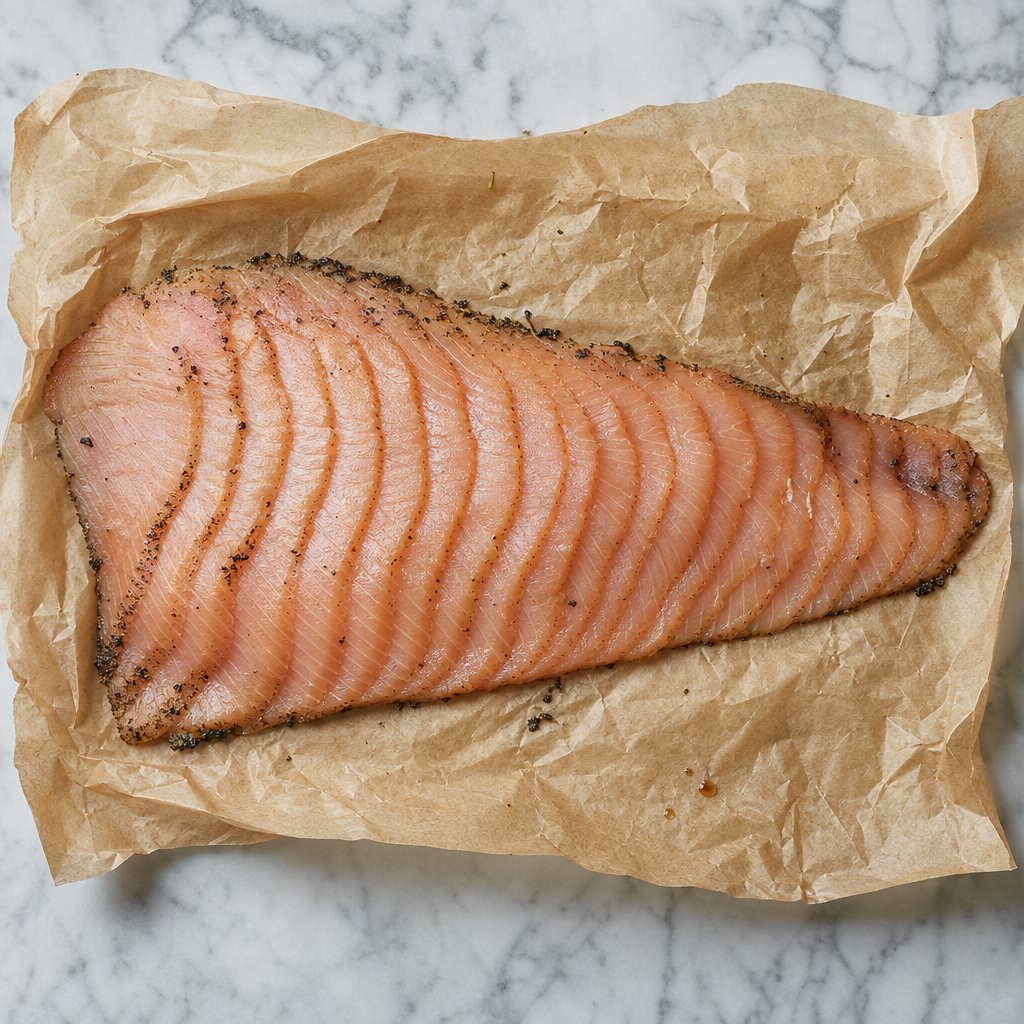 Heel stuk gerookte zalm, voor in plakken gesneden, op bruin papier