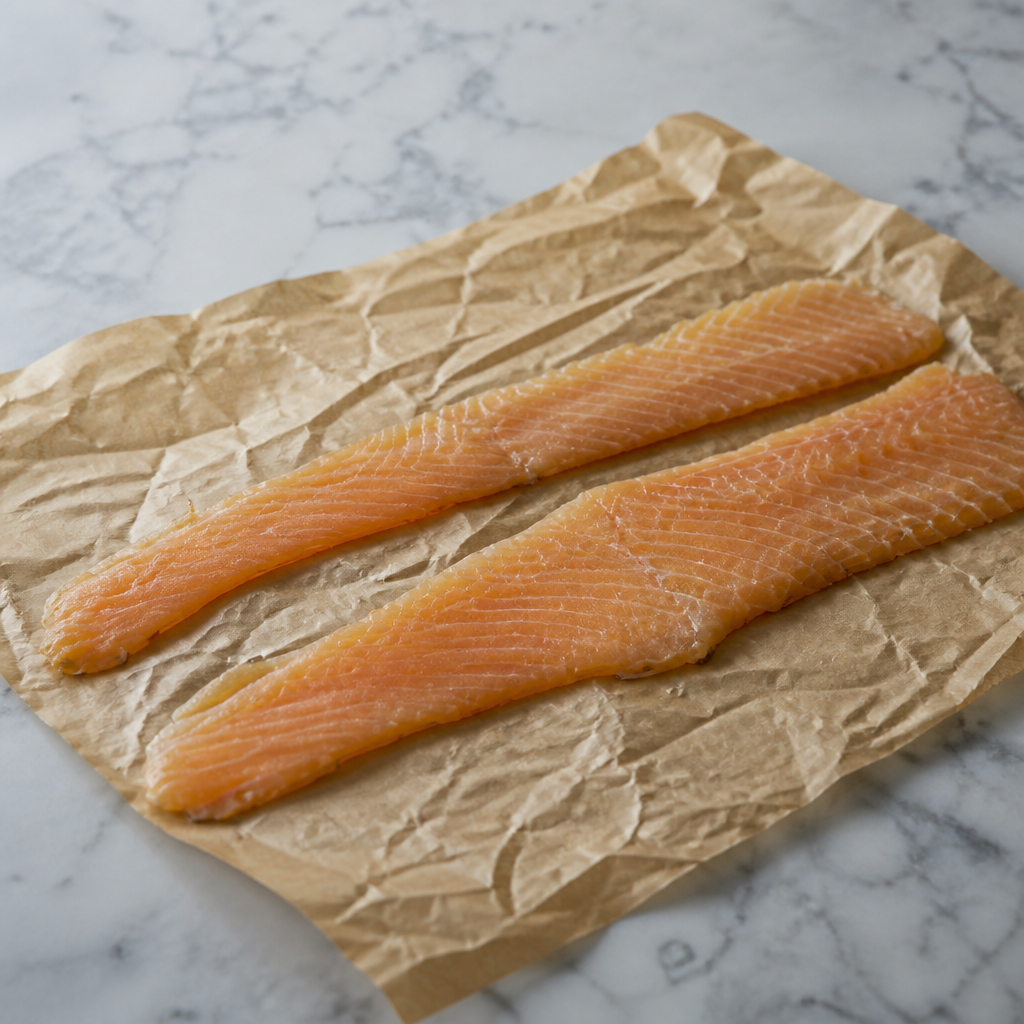 Twee lange plakken gerookte zalm op bruin papier