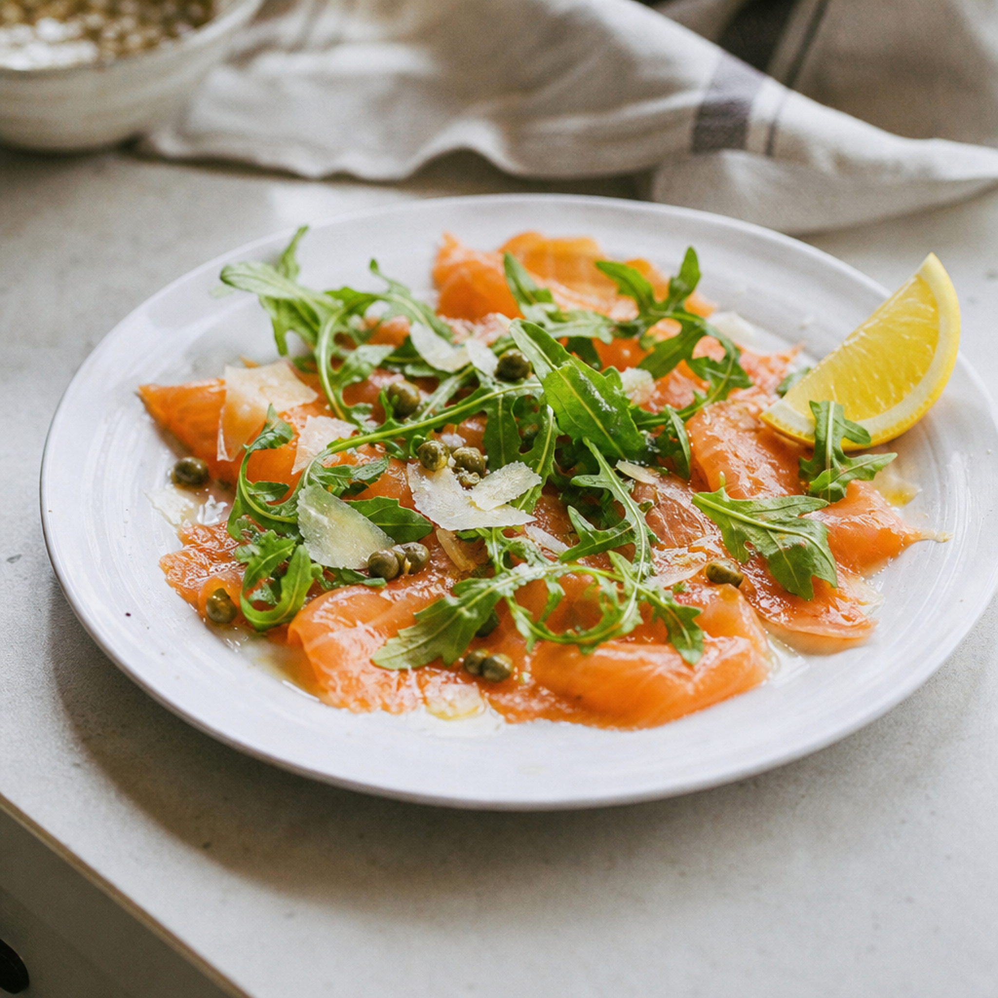 Gerookte zalm in lange plakken op een bord, met rucola, kappertjes en een citroenpartje