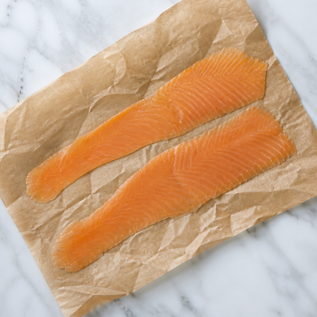Twee lang gesneden plakken gerookte zalm op bruin papier op marmeren ondergrond