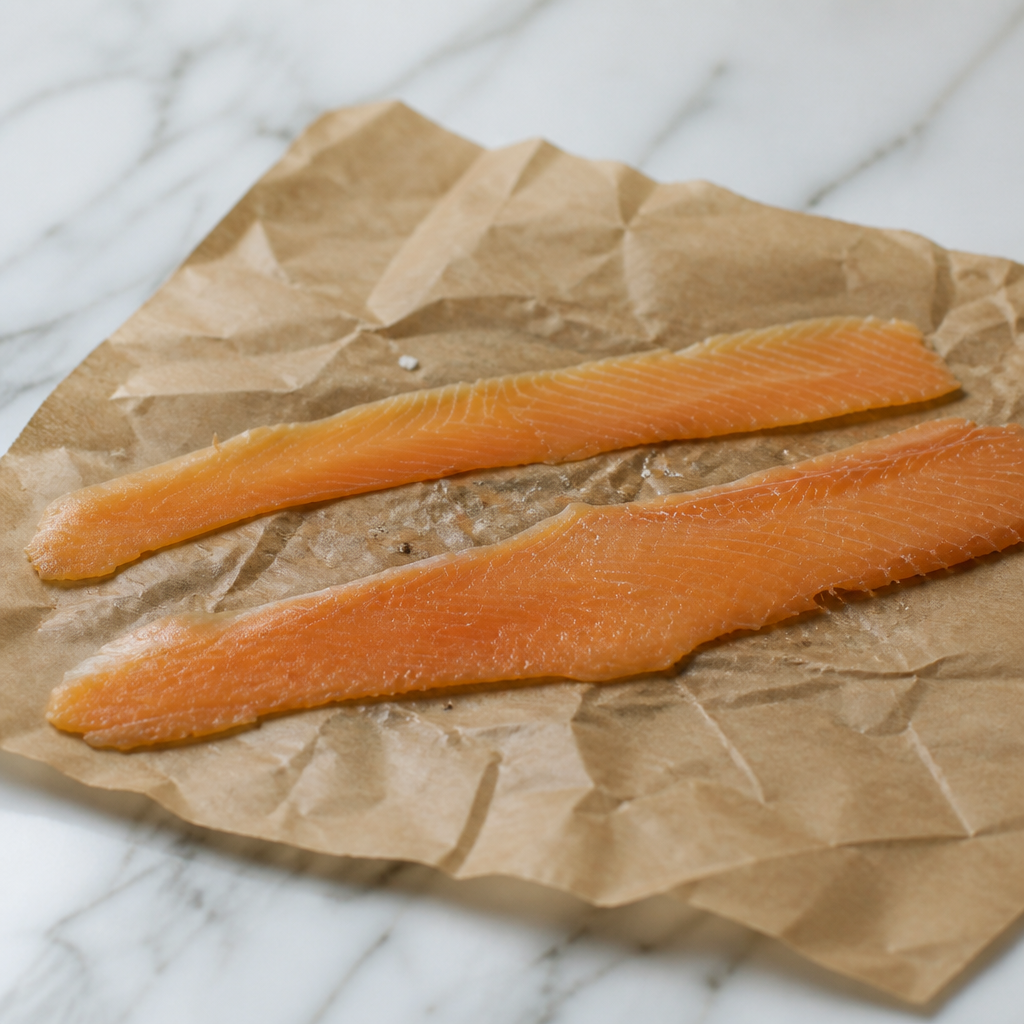 Twee brede plakken gerookte zalm op bruin papier