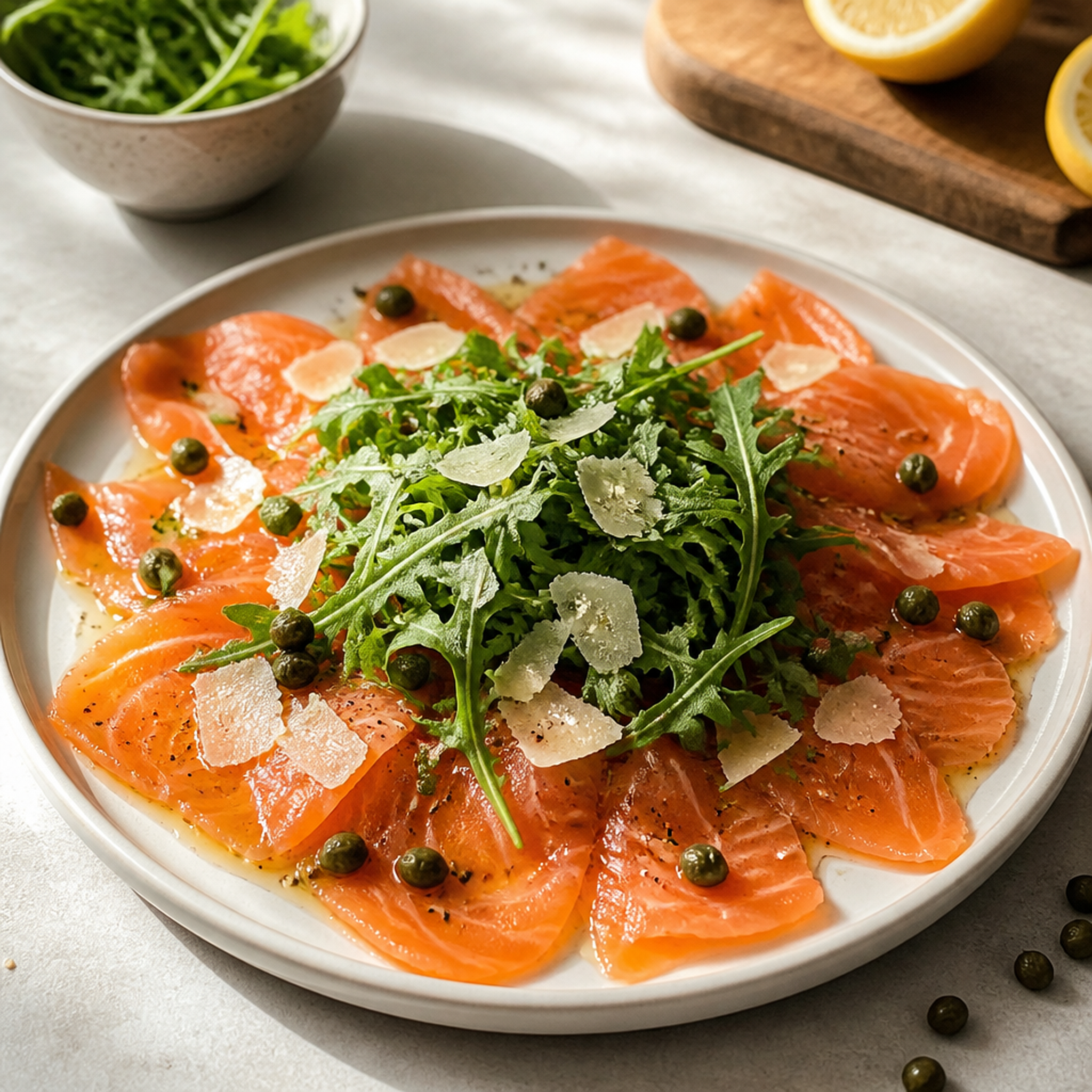Lang gesneden gerookte zalm op een bord, met rucola, kappertjes en kaasflinters