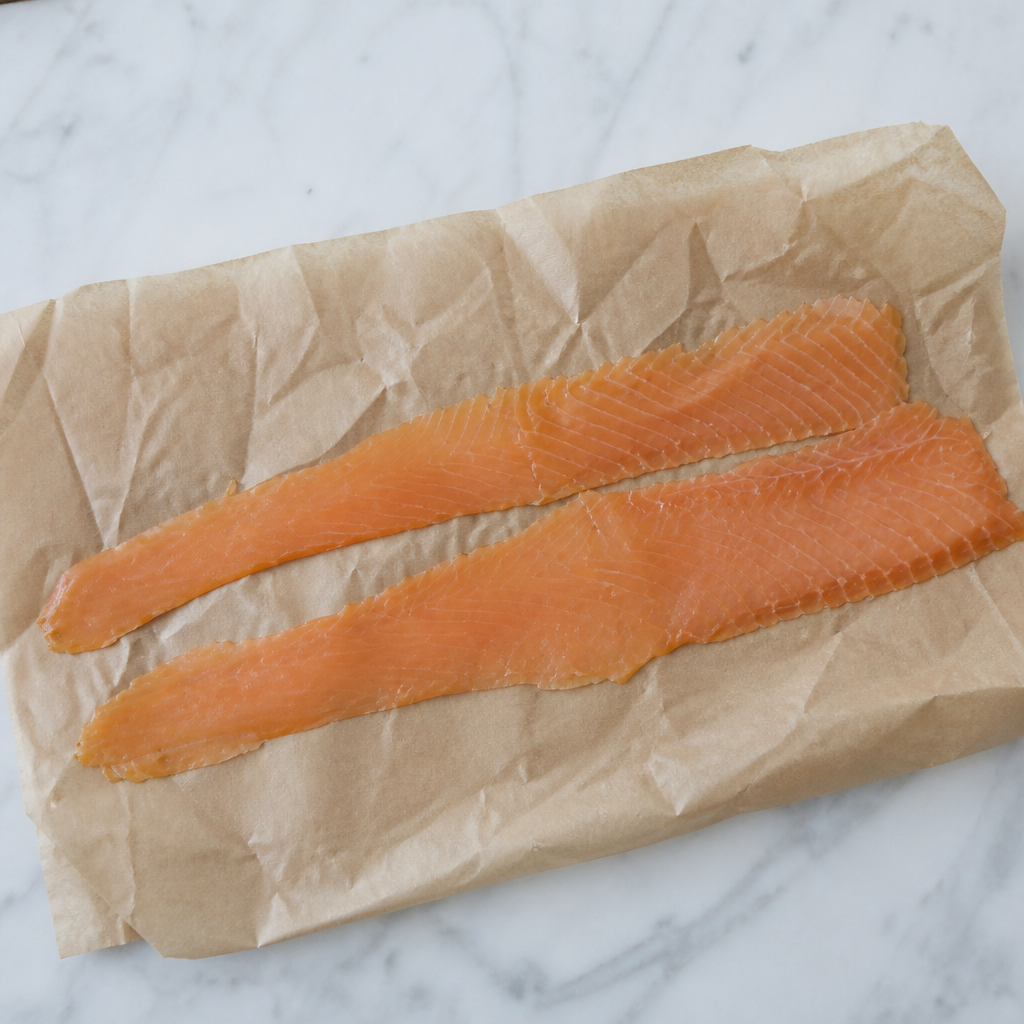 Twee lange plakken gerookte zalm op bruin papier